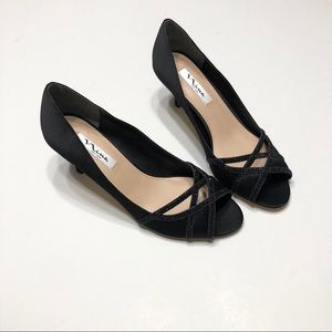 🆕 Black Satin Embellished NINA Dress Heels • 10